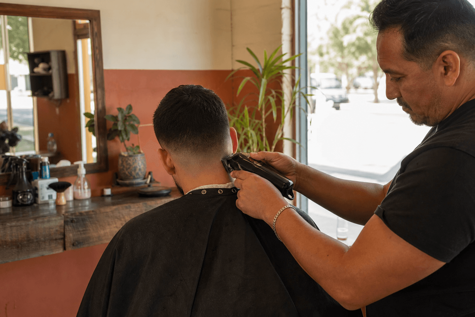 Barbería de barrio con luz de día, un fade a media faena
